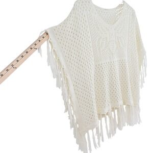 Boho Festival Cream Open Knit Fringe‎ Poncho Sweater Coquette, Fairy Grunge,